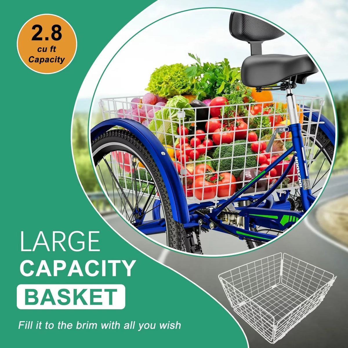 Cyan 26 inch 7-Speed Adult Tricycle with Basket B6015