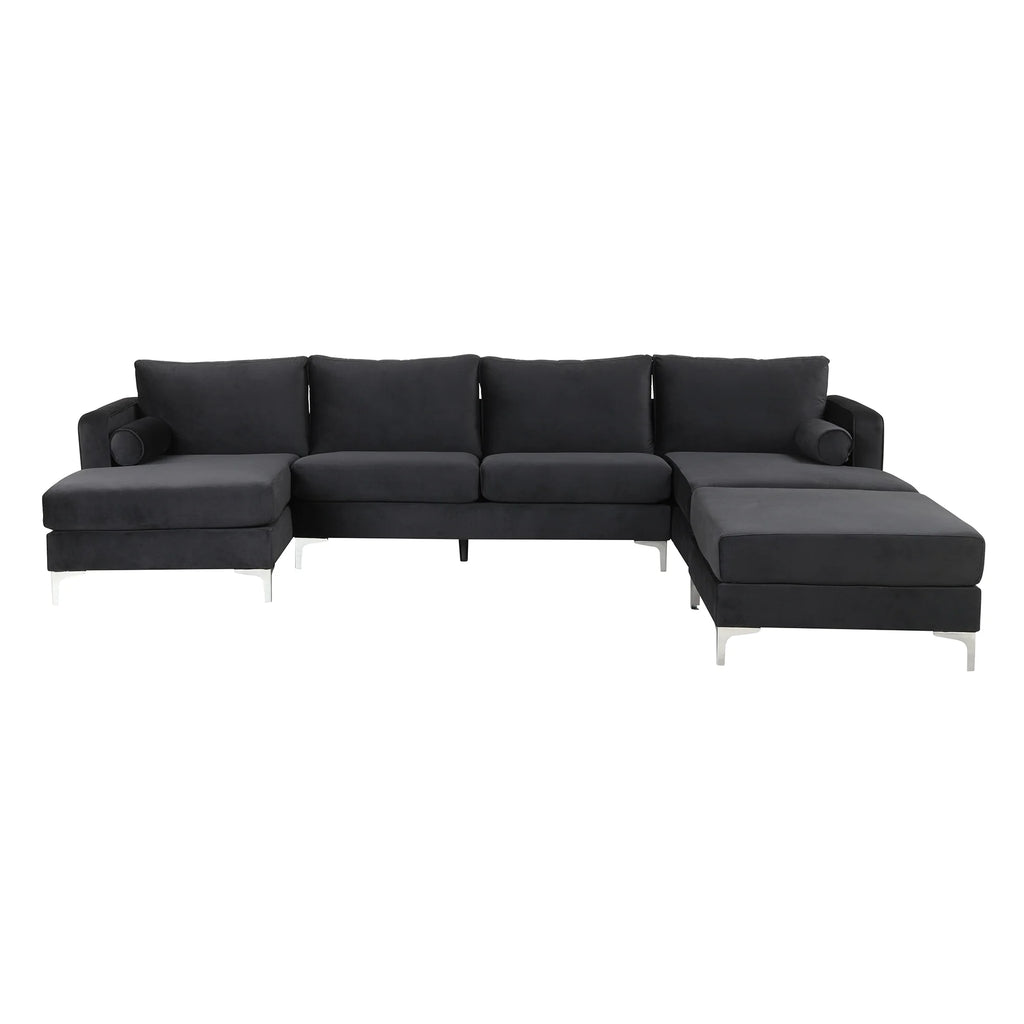 Black Velvet U-Shape Sectional Sofa with Ottoman D255