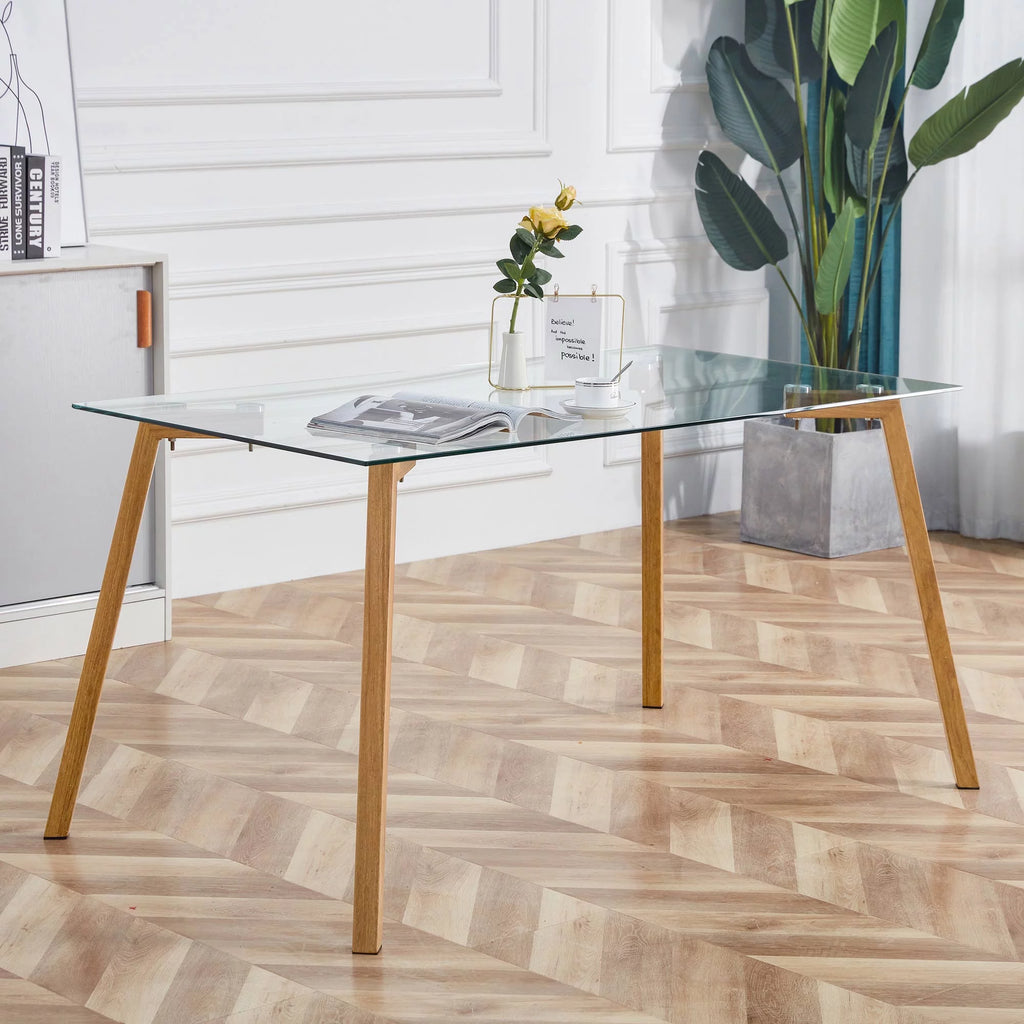 Glass Dining Table Modern Rectangular with Tempered Glass Tabletop and Black Metal Legs F32358