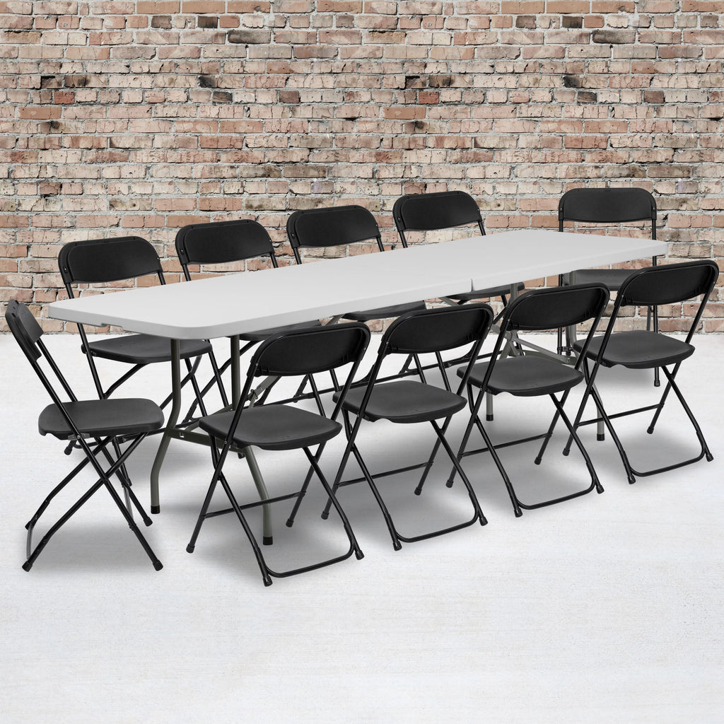 8' Bi-Fold Granite White Plastic Folding Table Set with 10 Folding Chairs C41537