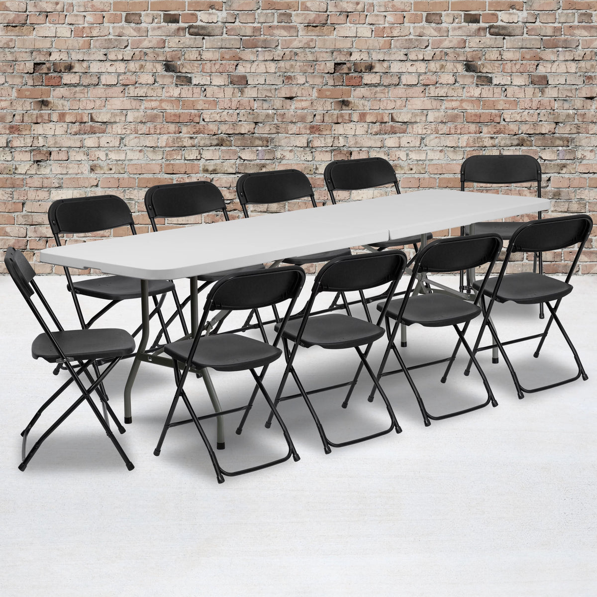 8' Bi-Fold Granite White Plastic Folding Table Set with 10 Folding Chairs C41537