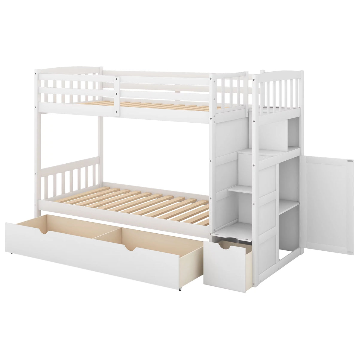 White Twin over Twin Bunk Bed with Drawer and Cabinet S698638