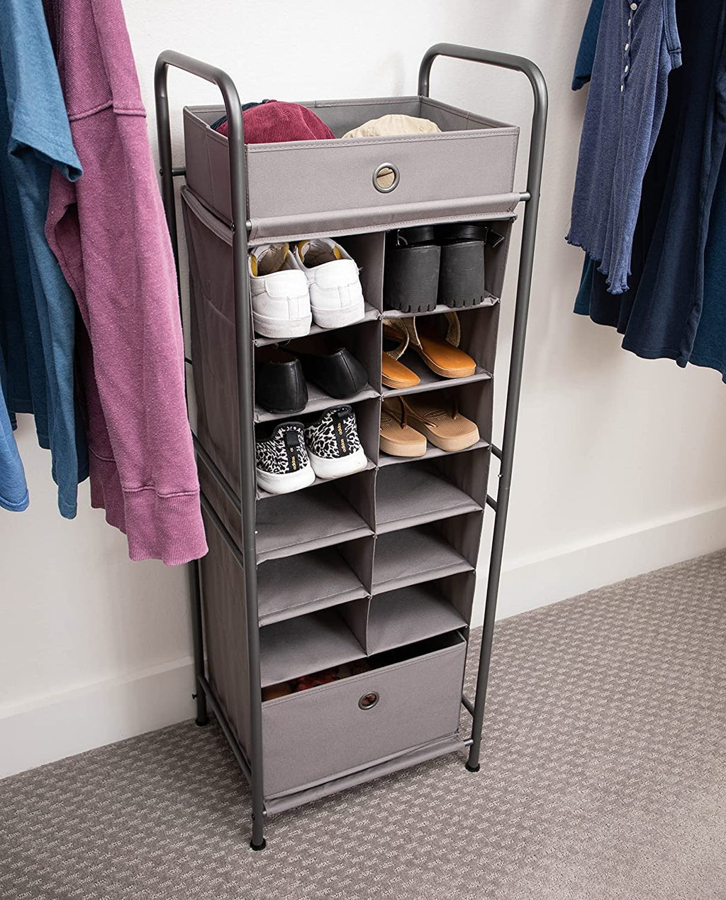 Grey 12 Cubby Vertical Shoe Rack Organizer with Drawer Z39055