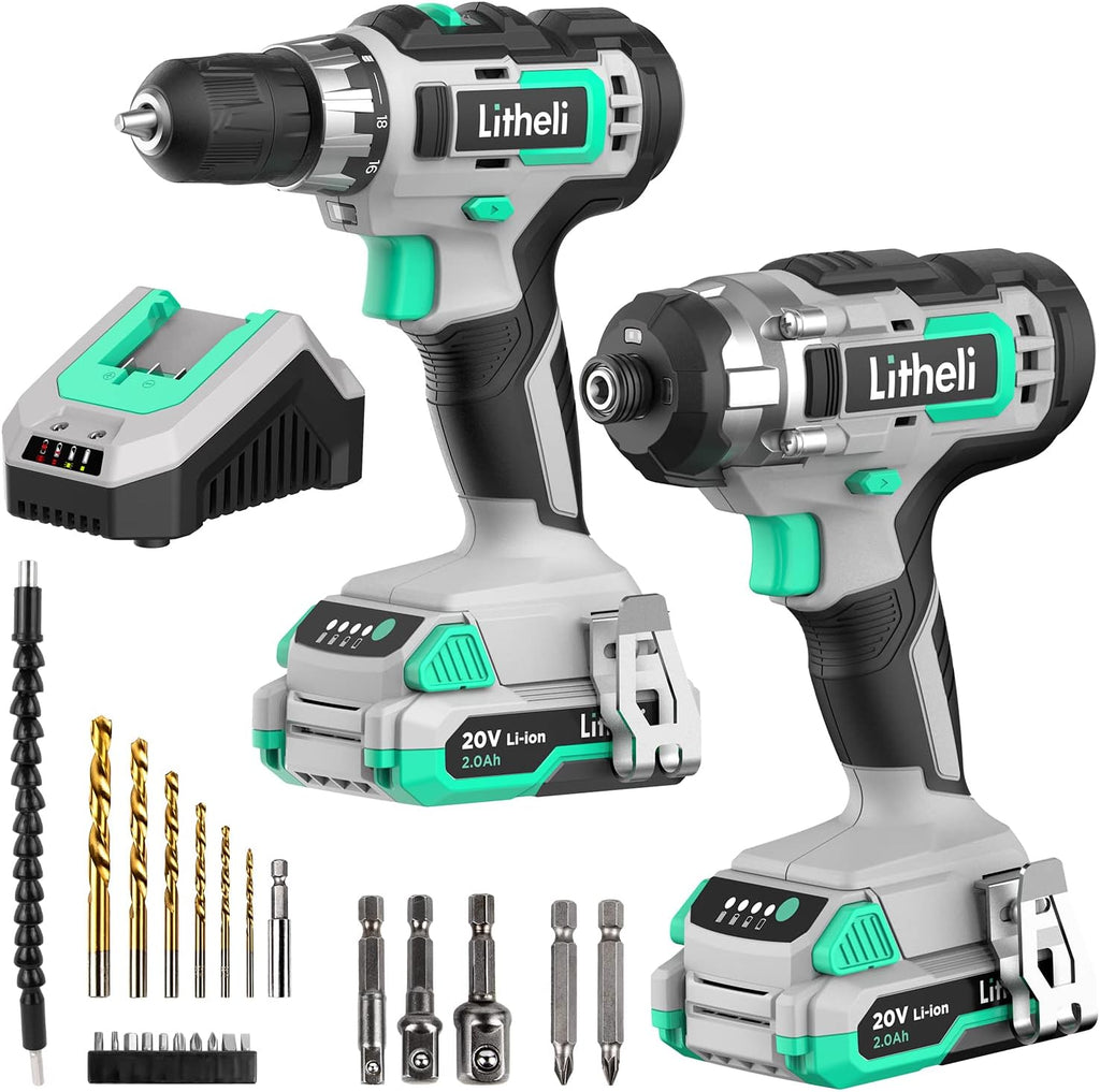 20V Cordless Drill and Impact Driver Combo Kit with 2 Pcs 2.0 Ah Battery and Fast Charger Z921680