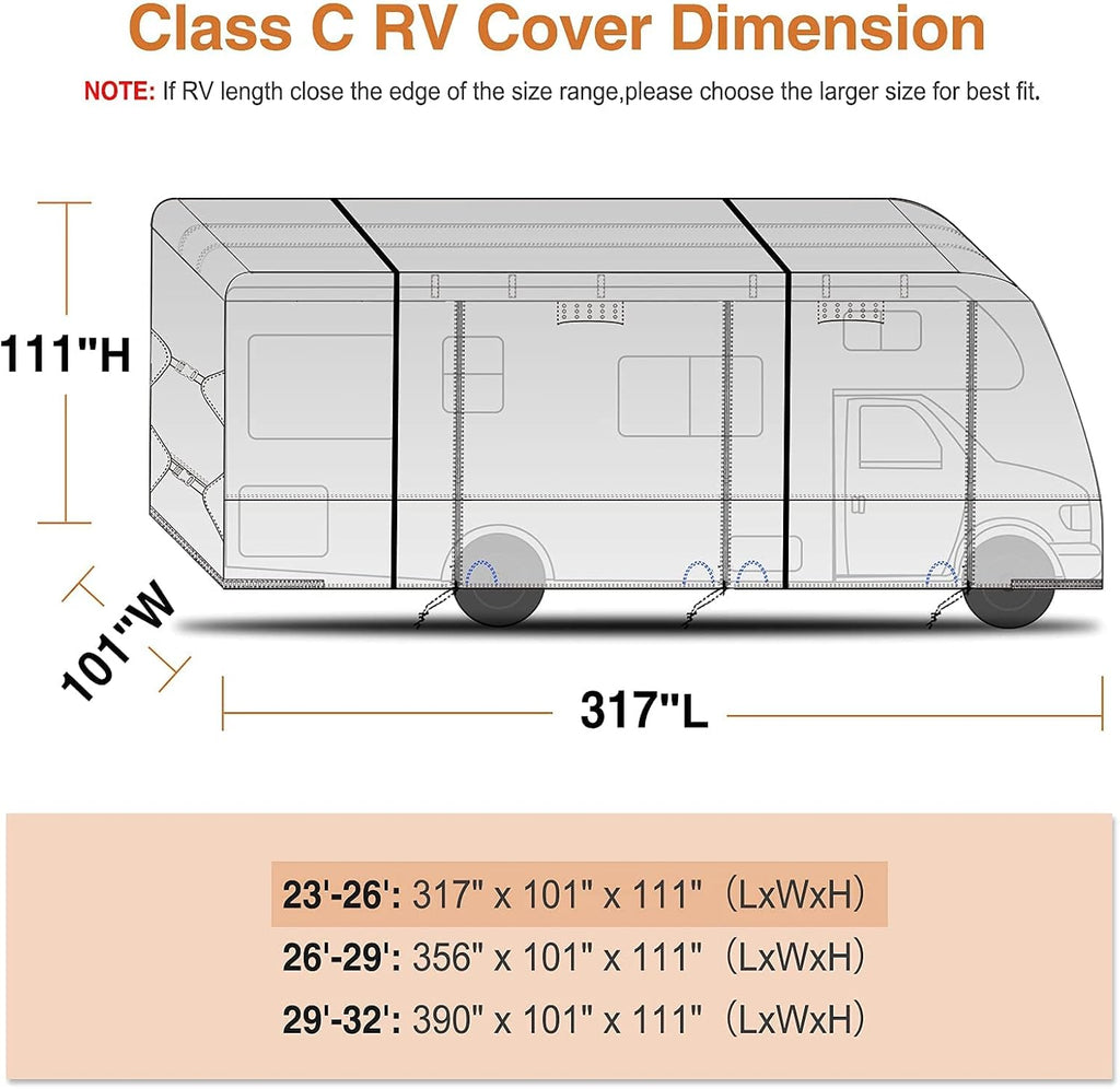 Windproof Waterproof Rip-Stop RV Cover for 23’-26’ Motorhome with 2Pcs Extra Long Straps & Gutter Covers A17838