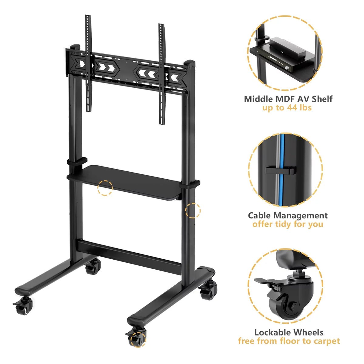 Black Rolling Mobile TV Stand for 55 to 90 inch Flat Screen TVs X6584