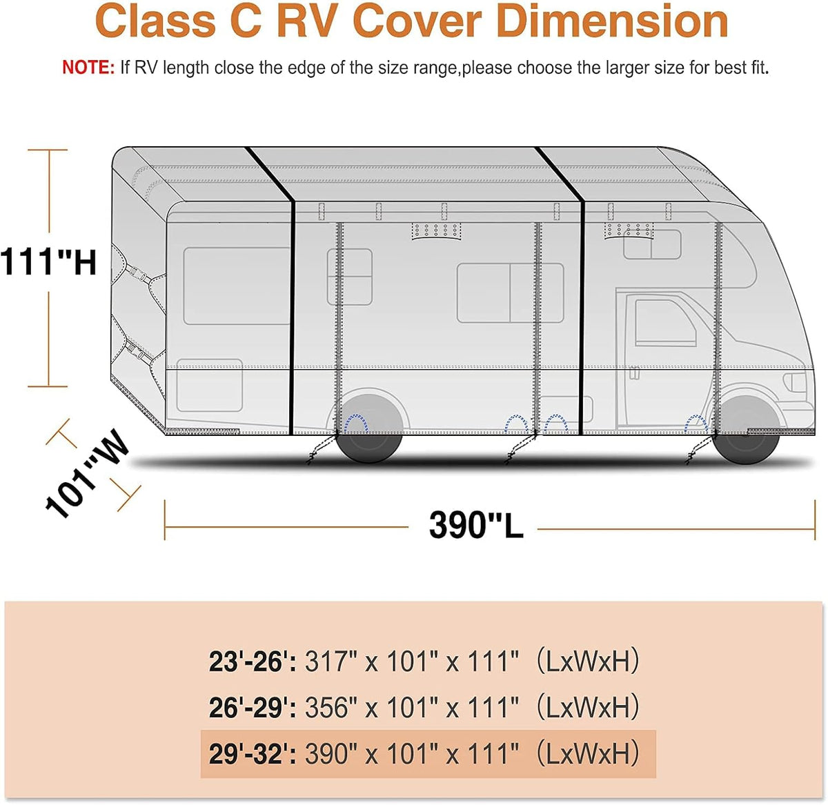 Windproof Waterproof Rip-Stop RV Cover for 23’-26’ Motorhome with 2Pcs Extra Long Straps & Gutter Covers A17838