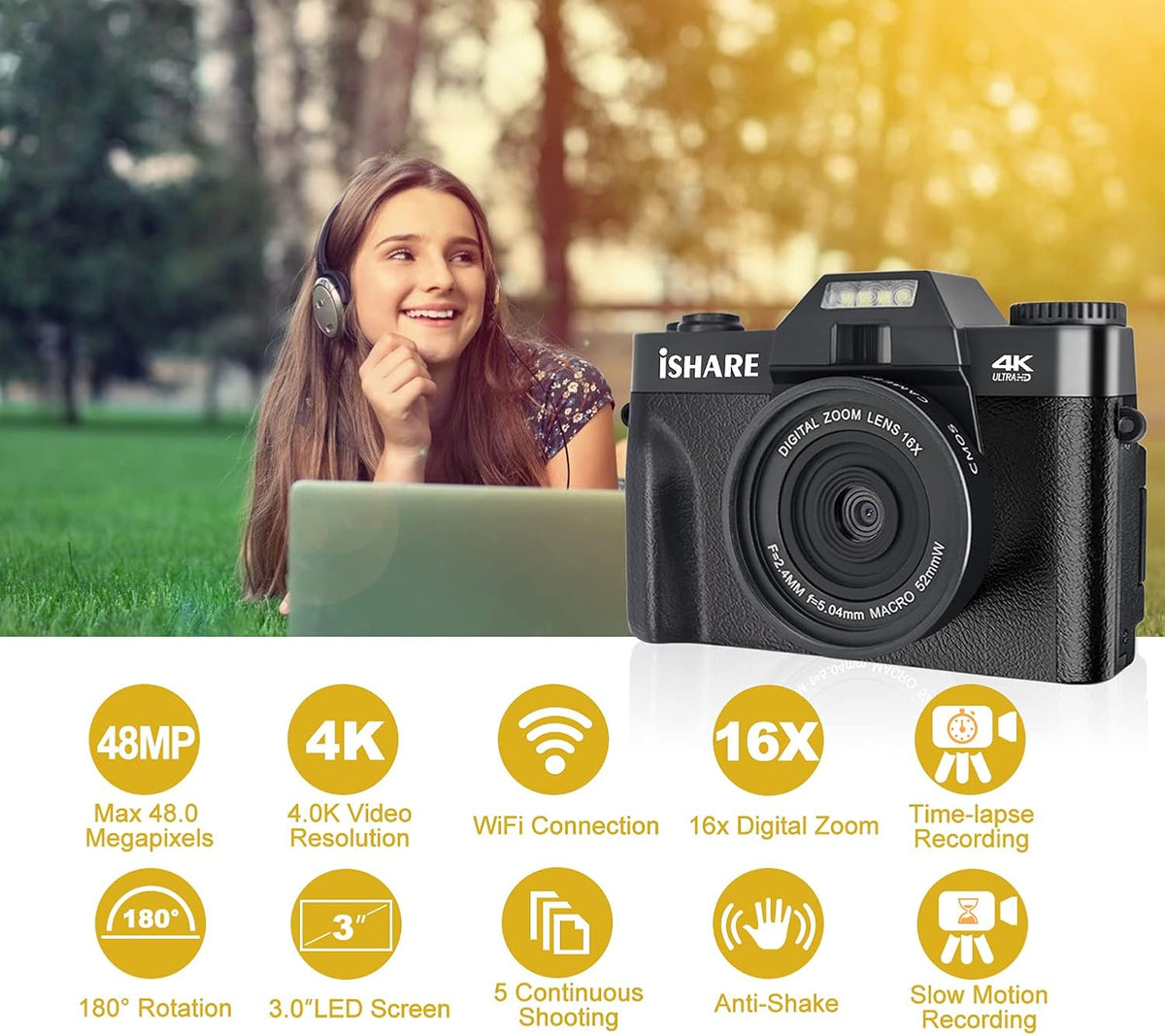 4K 48MP Digital Camera with 3.0 inch 180Deg Flip Screen and 2 Batteries K2103