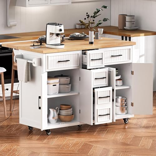 56.5" Rolling Kitchen Island with Drop Leaf, Power Outlet, 4 Doors, 5 Drawers, Black E357979