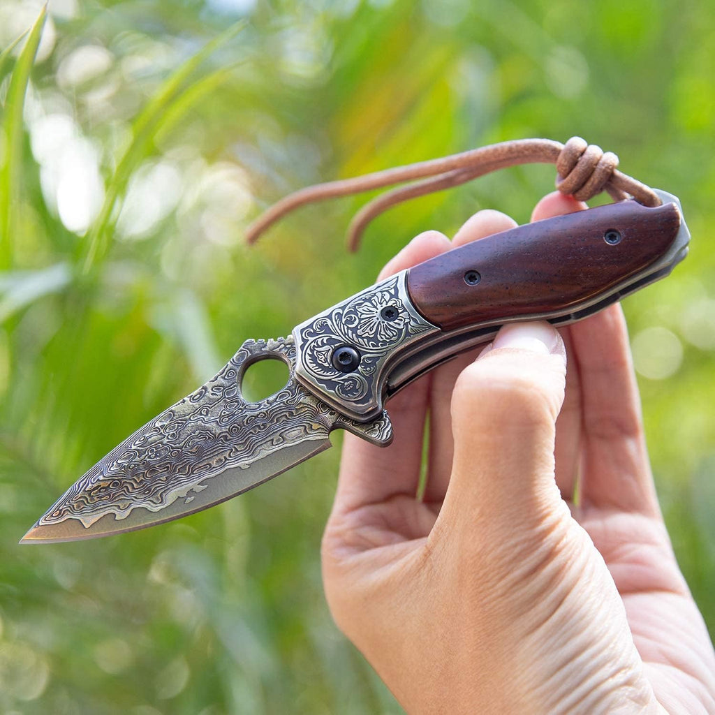 2.5in VG10 Damascus Steel Folding Pocket Knife with Rosewood Handle O3232