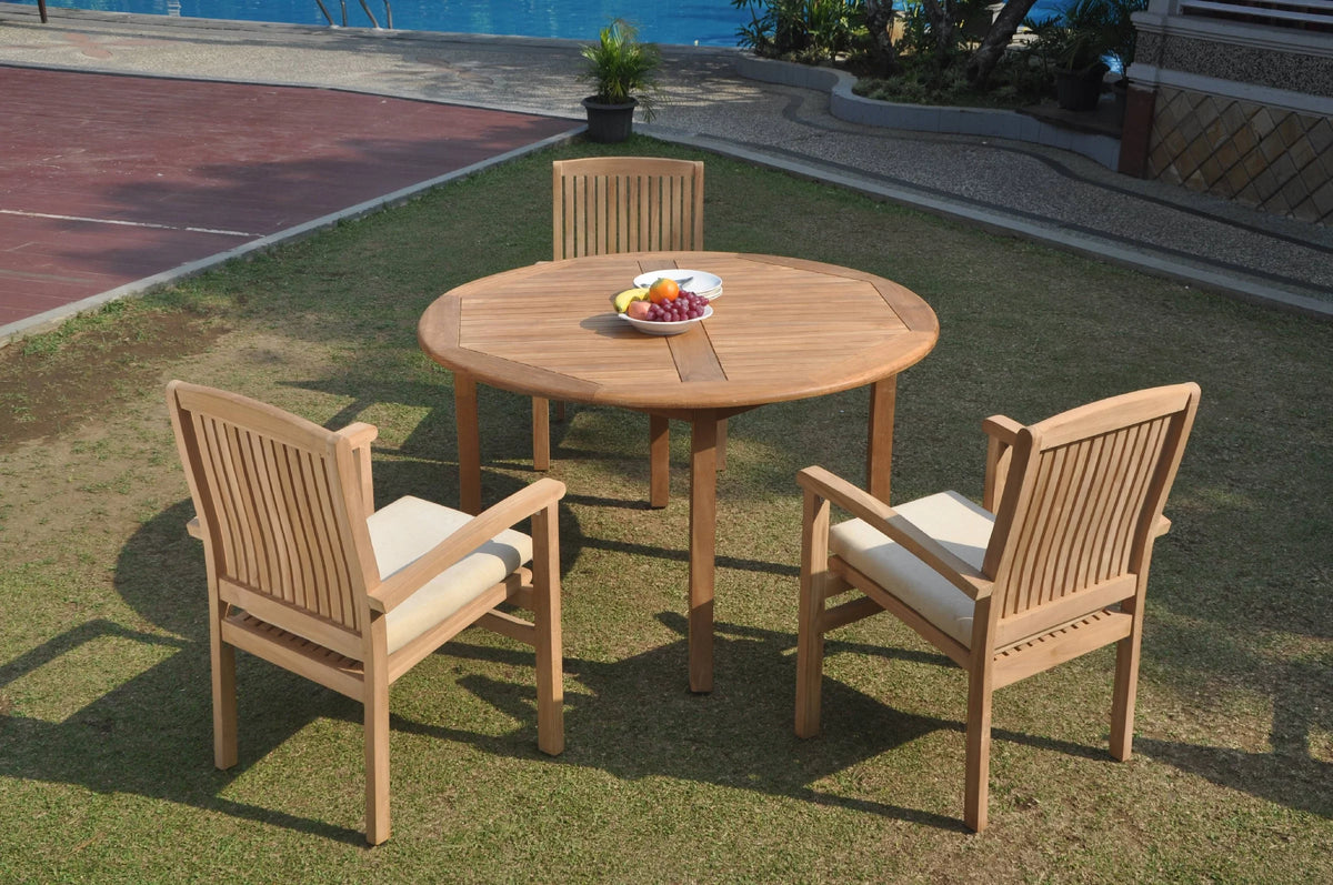 Grade-A Teak 4 Pc Dining Set with 52" Round Table and 3 Stacking Arm Chairs T501