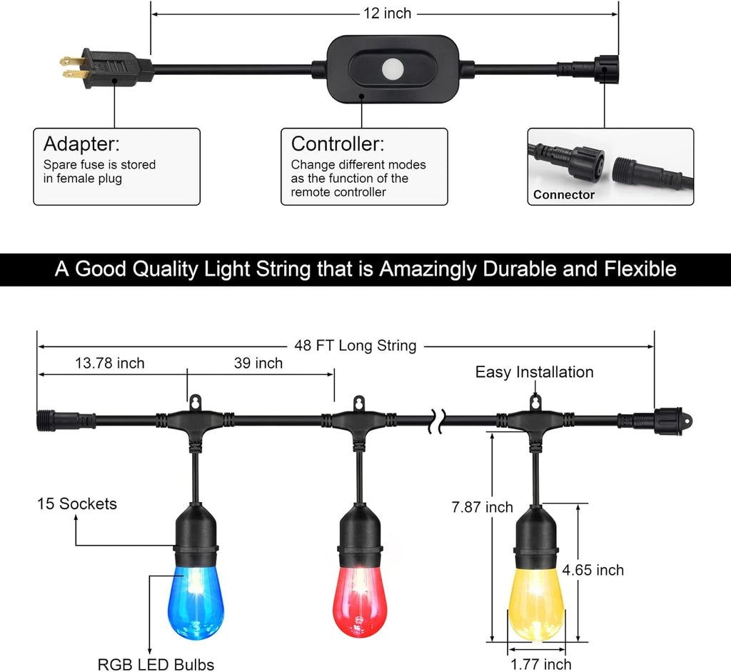 48FT RGB Cafe String Lights with 18 Shatterproof Edison Bulbs K834321