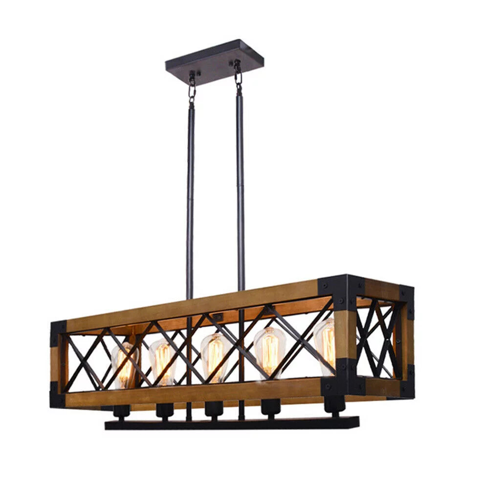 5-Lights Wooden Rectangle Pendant Light Fixture E62603