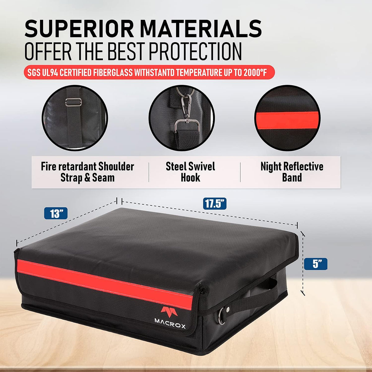 Fireproof Document Organizer Bag with Lock, 3-Layer File Storage Box, Waterproof File Holder, 17.5 x 13 x 5” M7539
