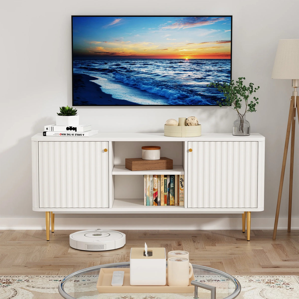 Mid Century Modern White TV Stand with Storage E1272