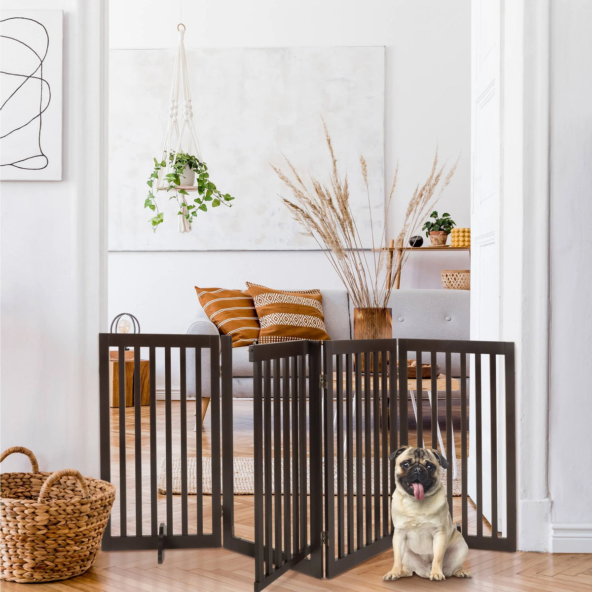 Espresso 4-Panel Freestanding Wooden Pet Gate with Walk Through Door C461
