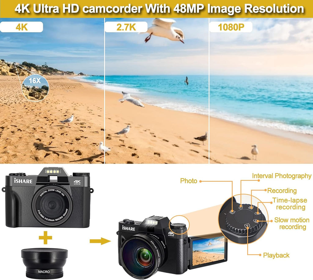 4K 48MP Digital Camera with 3.0 inch 180Deg Flip Screen and 2 Batteries K2103