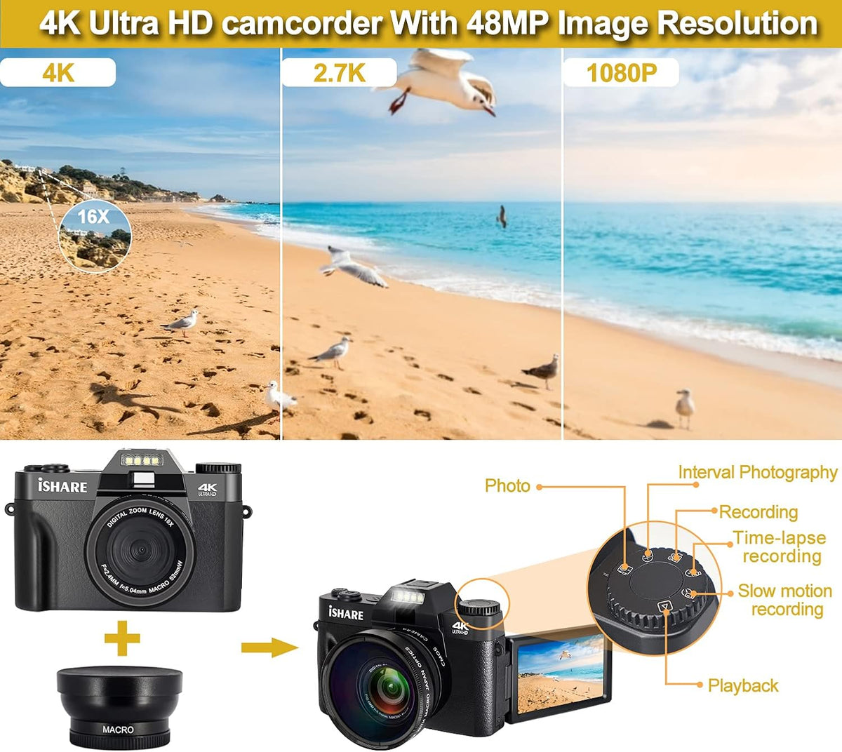 4K 48MP Digital Camera with 3.0 inch 180Deg Flip Screen and 2 Batteries K2103