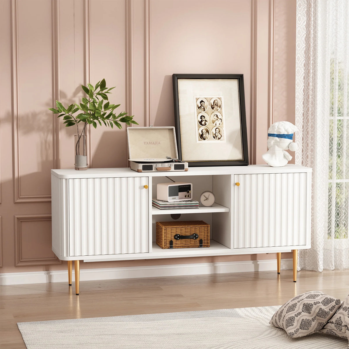 Mid Century Modern White TV Stand with Storage E1272