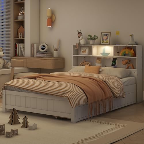 White Twin Size Platform Bed with Bookcase Headboard and 2 Storage Drawers M90206