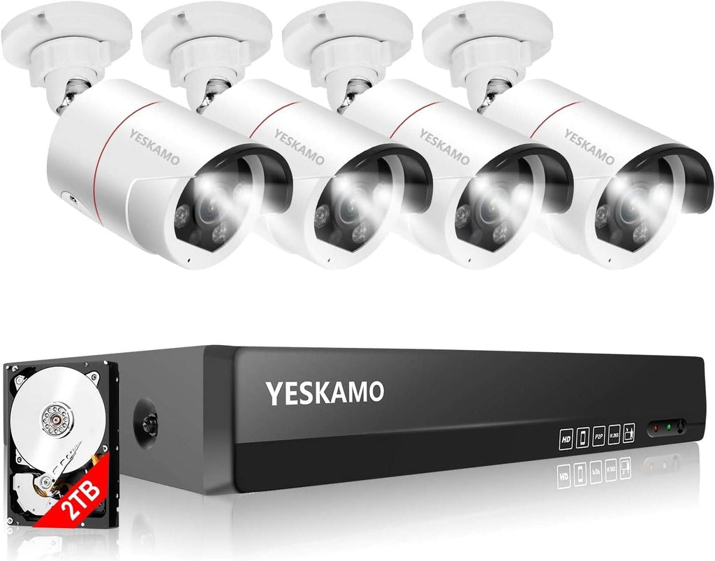5MP PoE Security Camera System, 4pcs Wired Outdoor PoE IP Cameras, 8CH NVR with 2TB Hard Drive, Color Night Vision K523826