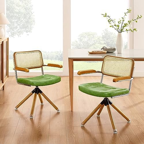 Rattan Faux Leather Office Chair with Wood Legs D781