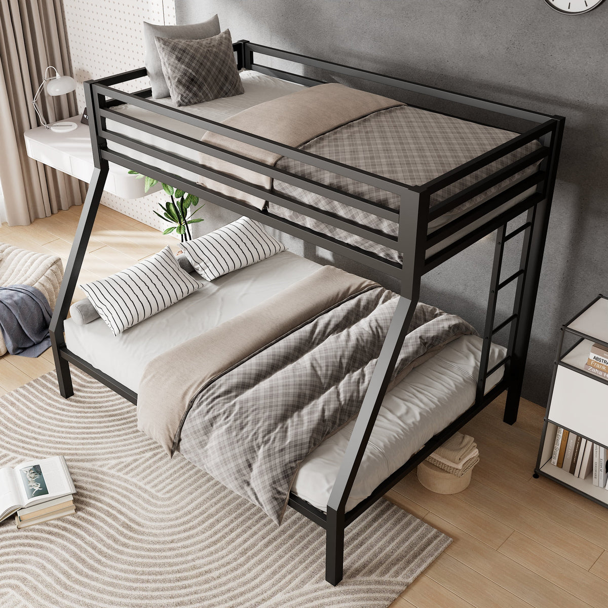 Twin Over Full Black Metal Bunk Bed with Stairs M841433