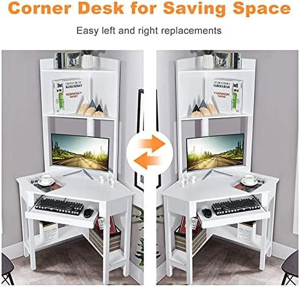White Corner Computer Desk with Hutch and Shelves R126