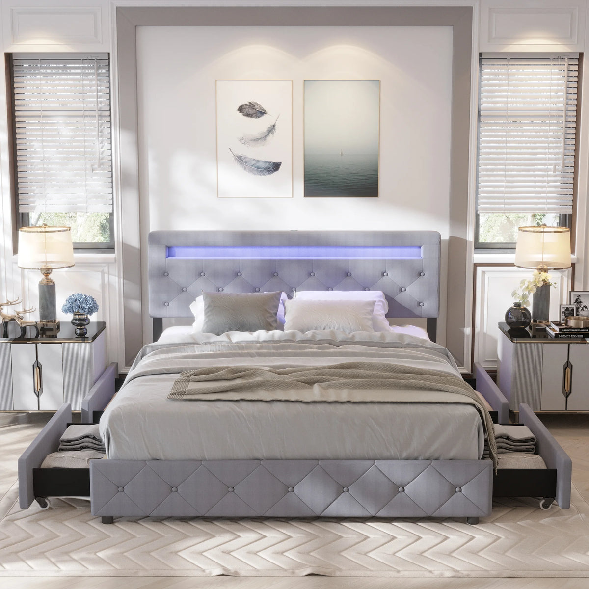 Full Size Upholstered Platform Bed Frame with LED Light Headboard I618
