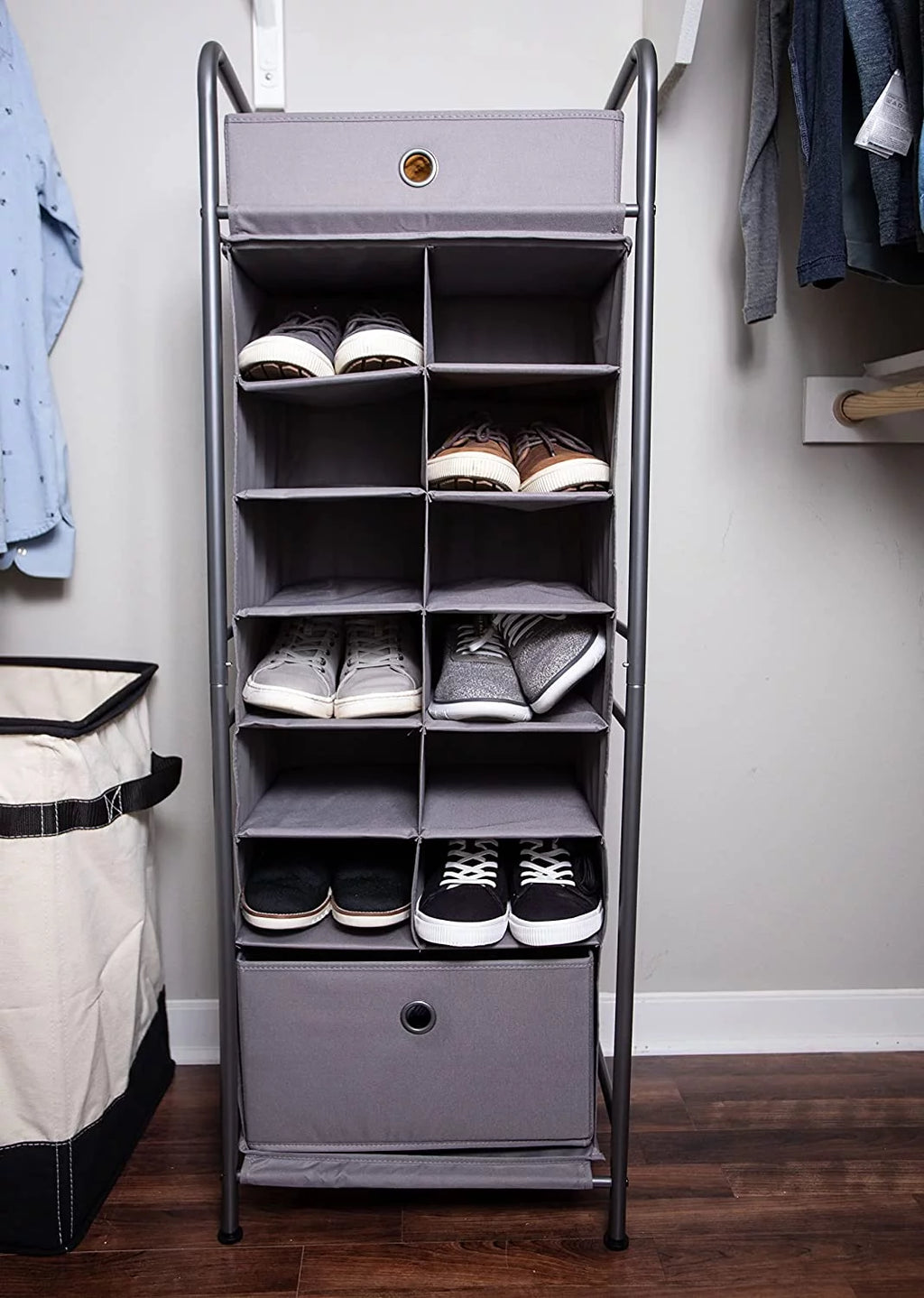 Grey 12 Cubby Vertical Shoe Rack Organizer with Drawer Z39055