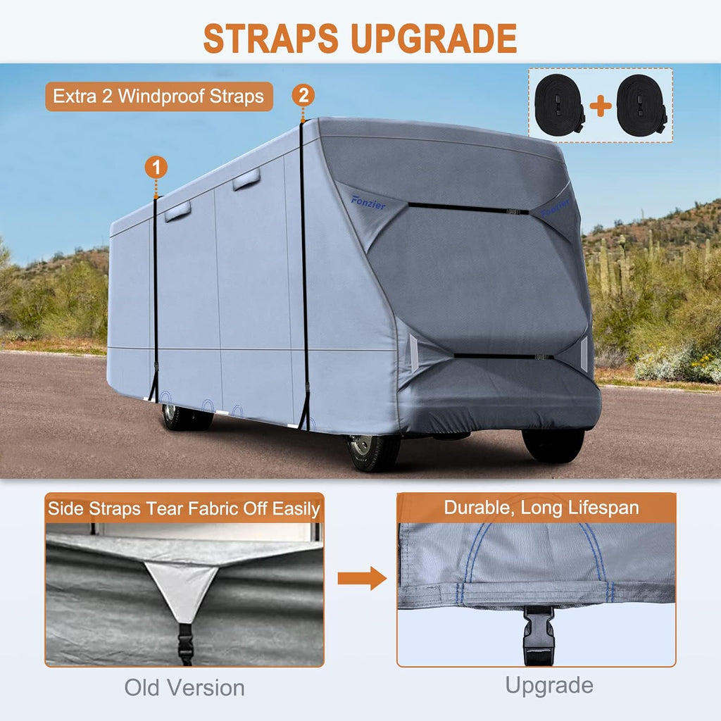 Windproof Waterproof Rip-Stop RV Cover for 23’-26’ Motorhome with 2Pcs Extra Long Straps & Gutter Covers A17838