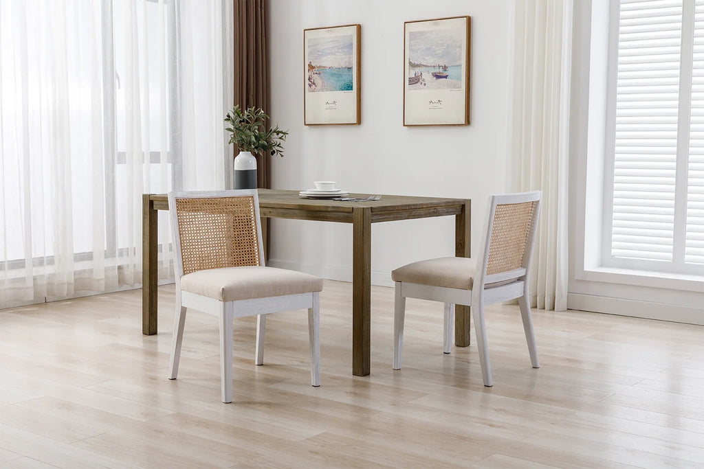 Beige Rattan Dining Chairs Set of 2 with White Hardwood Frame G112672
