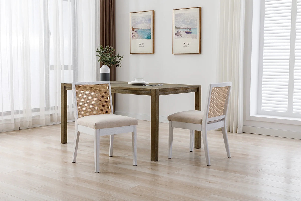 Beige Rattan Dining Chairs Set of 2 with White Hardwood Frame G112672