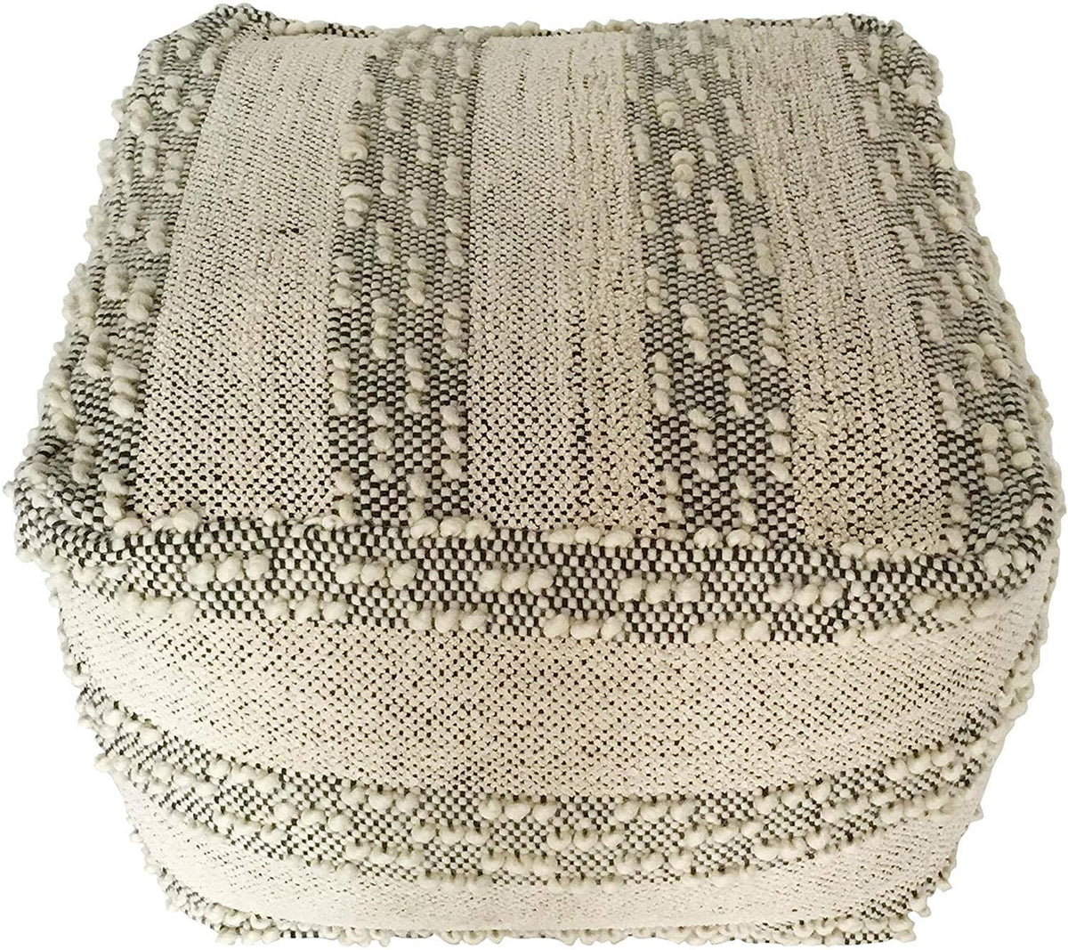 Grey Off/White Woven Striped Cotton Wool Square Pouf G76593