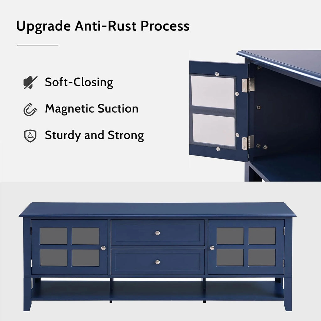 Blue TV Stand with 2 Drawers and Doors V554