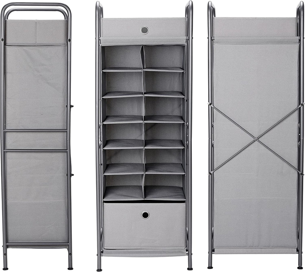 Grey 12 Cubby Vertical Shoe Rack Organizer with Drawer Z39055