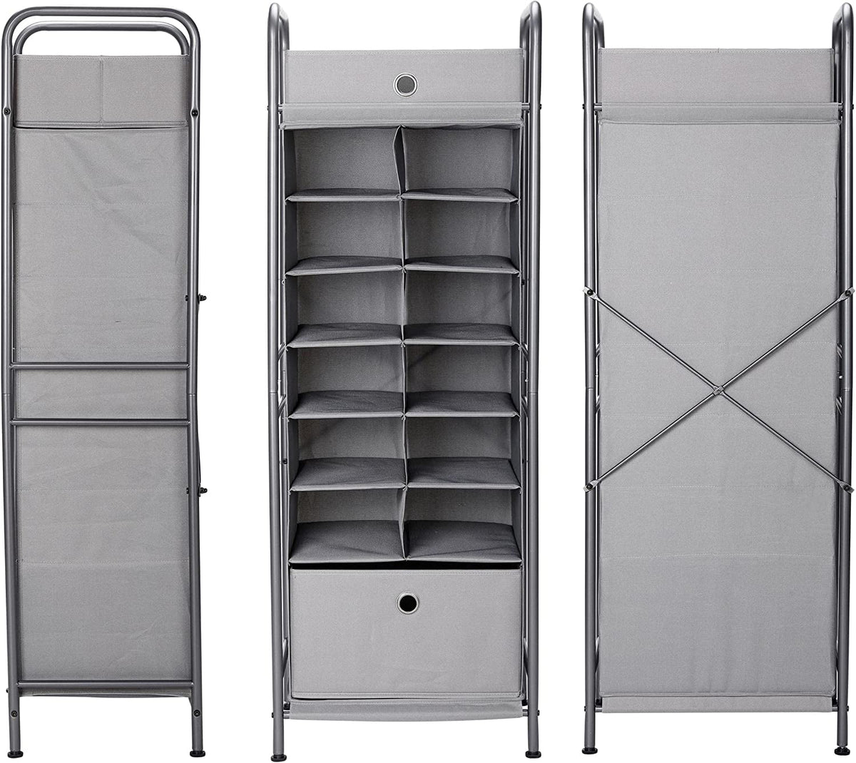 Grey 12 Cubby Vertical Shoe Rack Organizer with Drawer Z39055