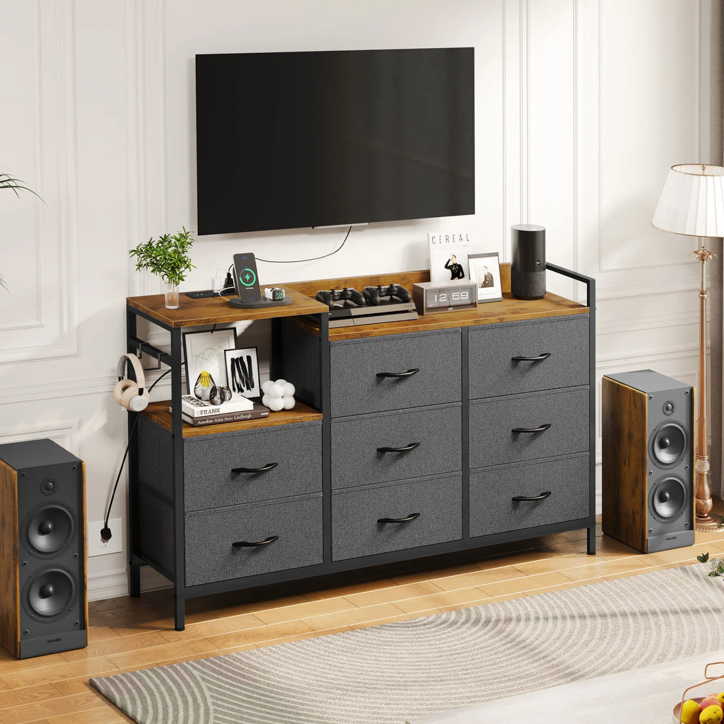 Black 8 Drawer Fabric Dresser with Wooden Top N527