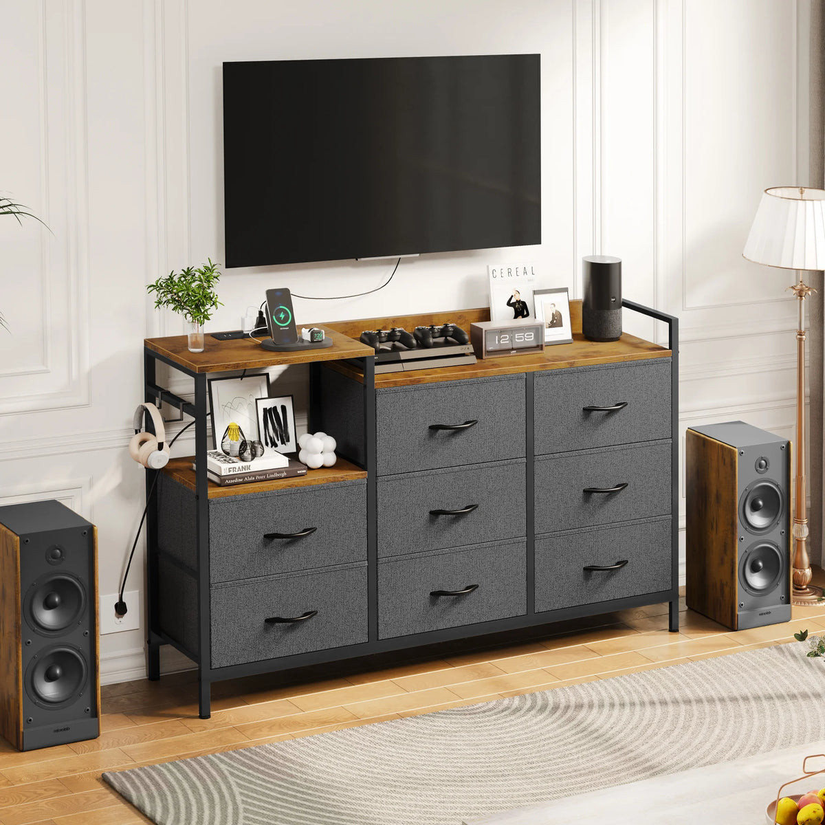 Black 8 Drawer Fabric Dresser with Wooden Top N527