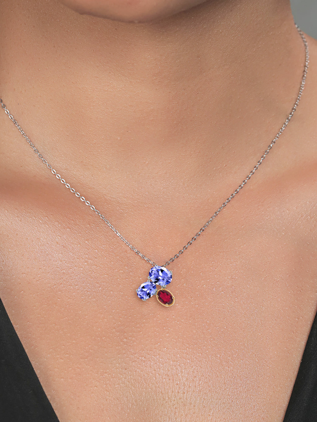 925 Silver 10K Yellow Gold Blue Tanzanite Ruby Red Mystic Topaz Pendant Necklace with 18 inch Chain A6193