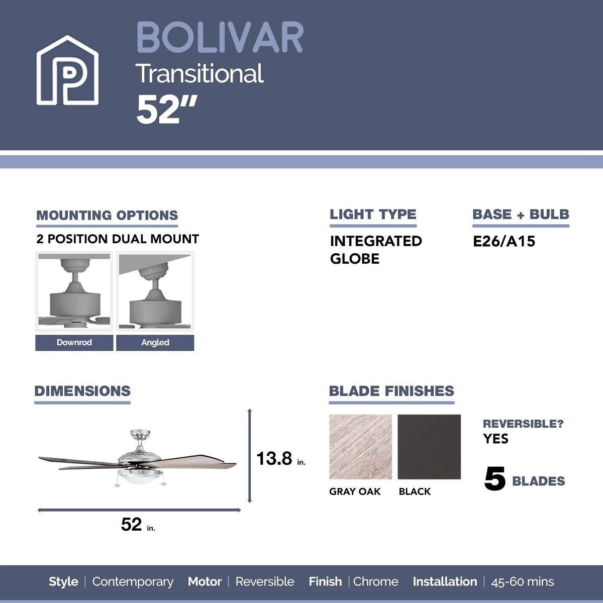 Chrome Contemporary Rustic Ceiling Fan, 52 LED J61086