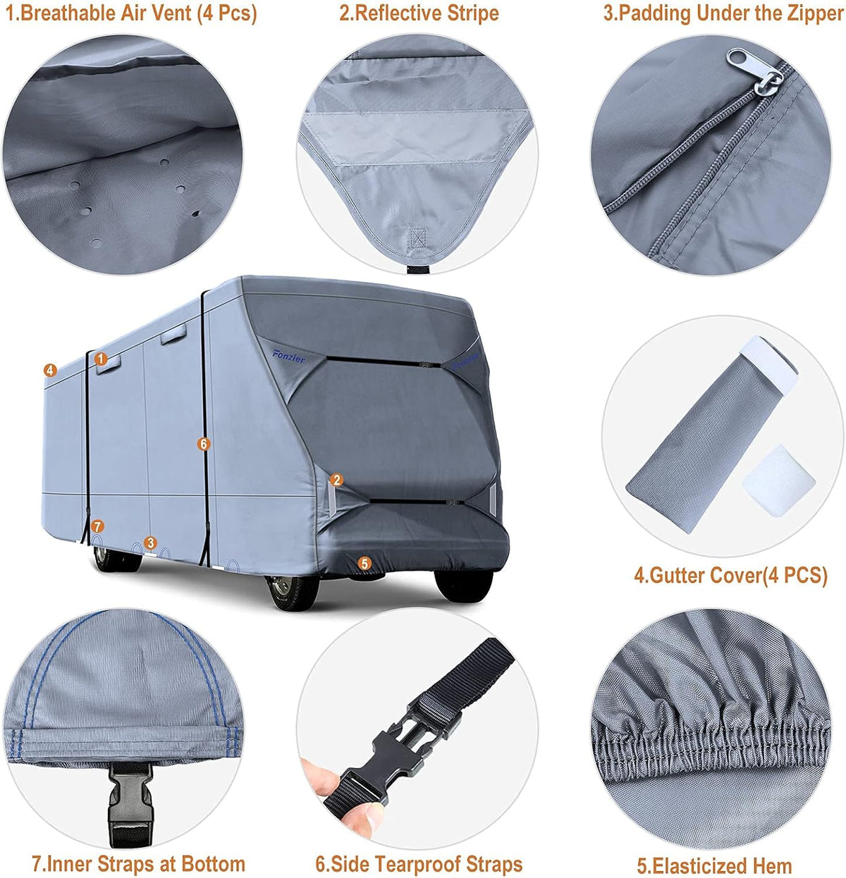 Windproof Waterproof Rip-Stop RV Cover for 23’-26’ Motorhome with 2Pcs Extra Long Straps & Gutter Covers A17838