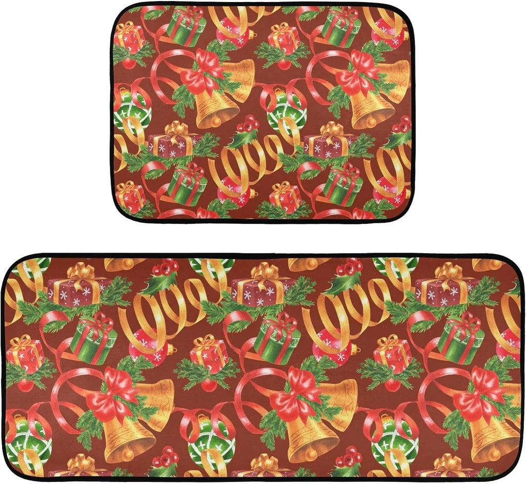 Christmas Jingling Bells Kitchen Mats Set of 2 Anti Fatigue Non Slip Floor Runner Rug 19.7x27.6 Inch + 19.7x47.2 Inch I790