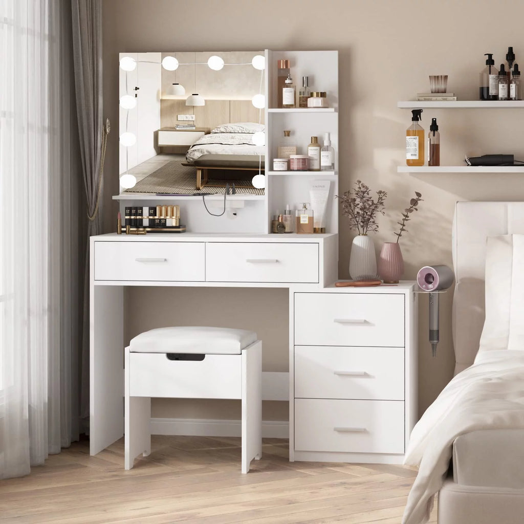 Modern Vanity Table Set with Lighted Mirror, 5 Drawer White G670173