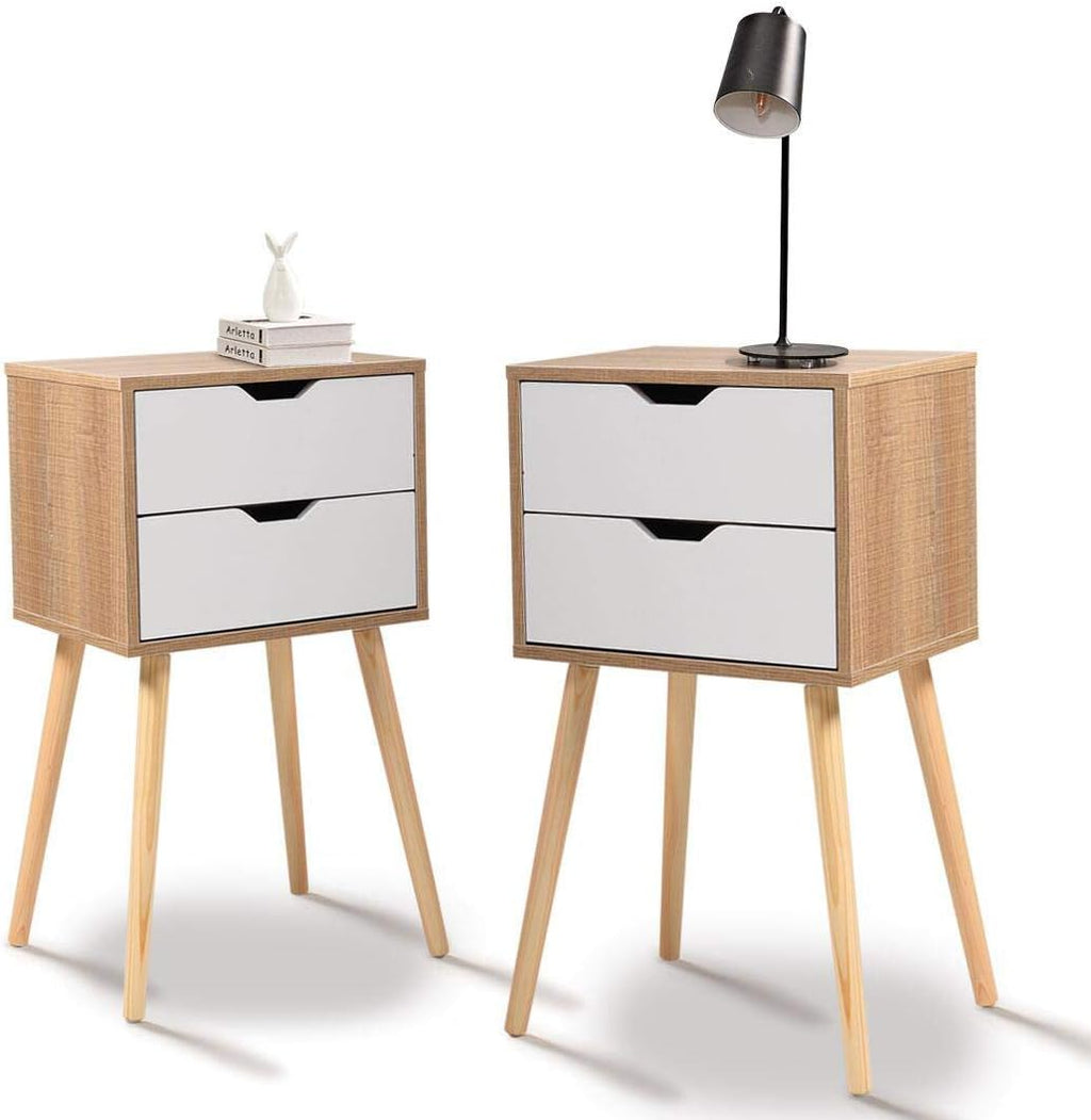 Set of 2 White & Walnut 2 Drawer Wood Nightstand K594