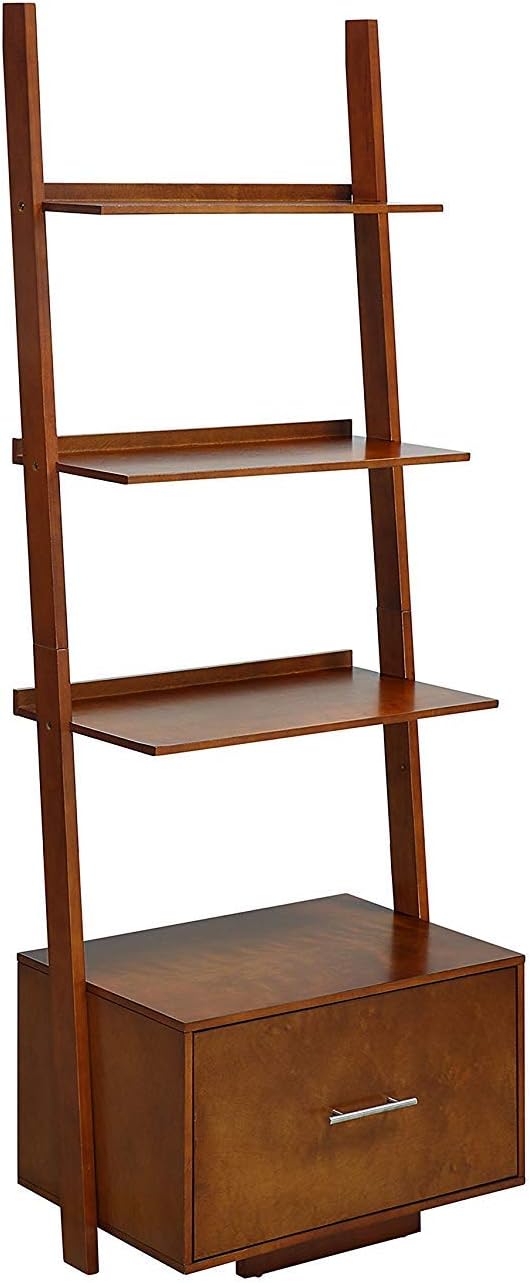 Dark Walnut Ladder Bookcase with File Drawer V81610