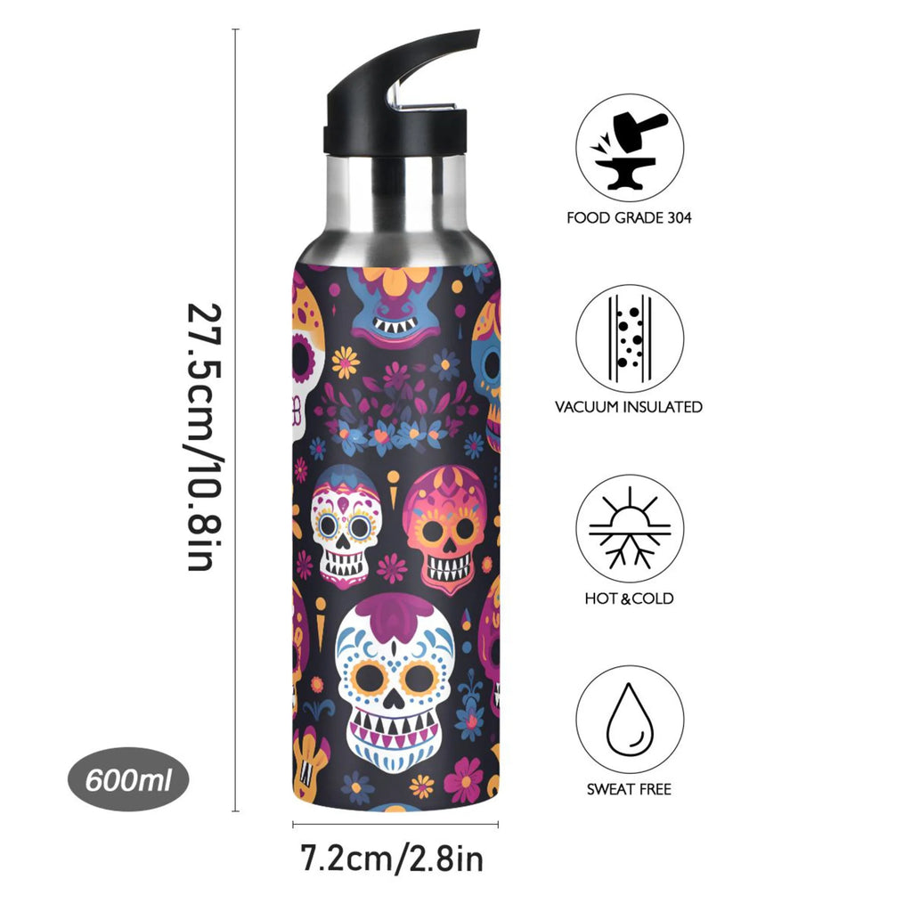 Colorful Skeletons Skulls Stainless Steel Insulated Water Bottle with Straw Lid D632057