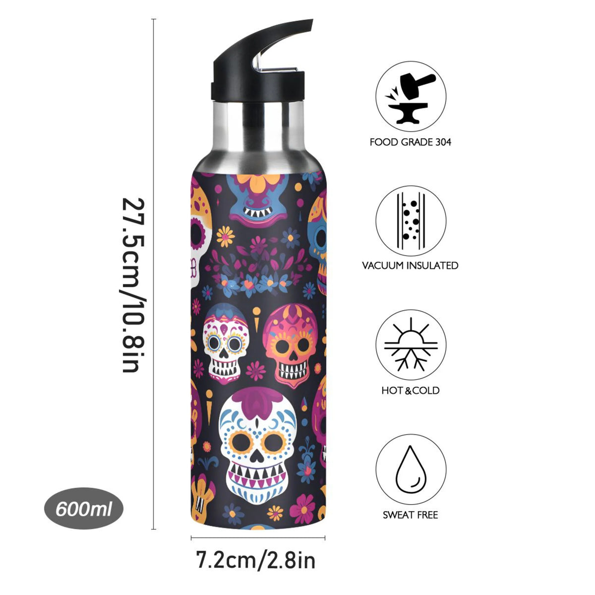 Colorful Skeletons Skulls Stainless Steel Insulated Water Bottle with Straw Lid D632057