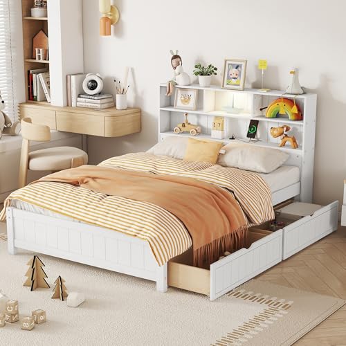 White Twin Size Platform Bed with Bookcase Headboard and 2 Storage Drawers M90206