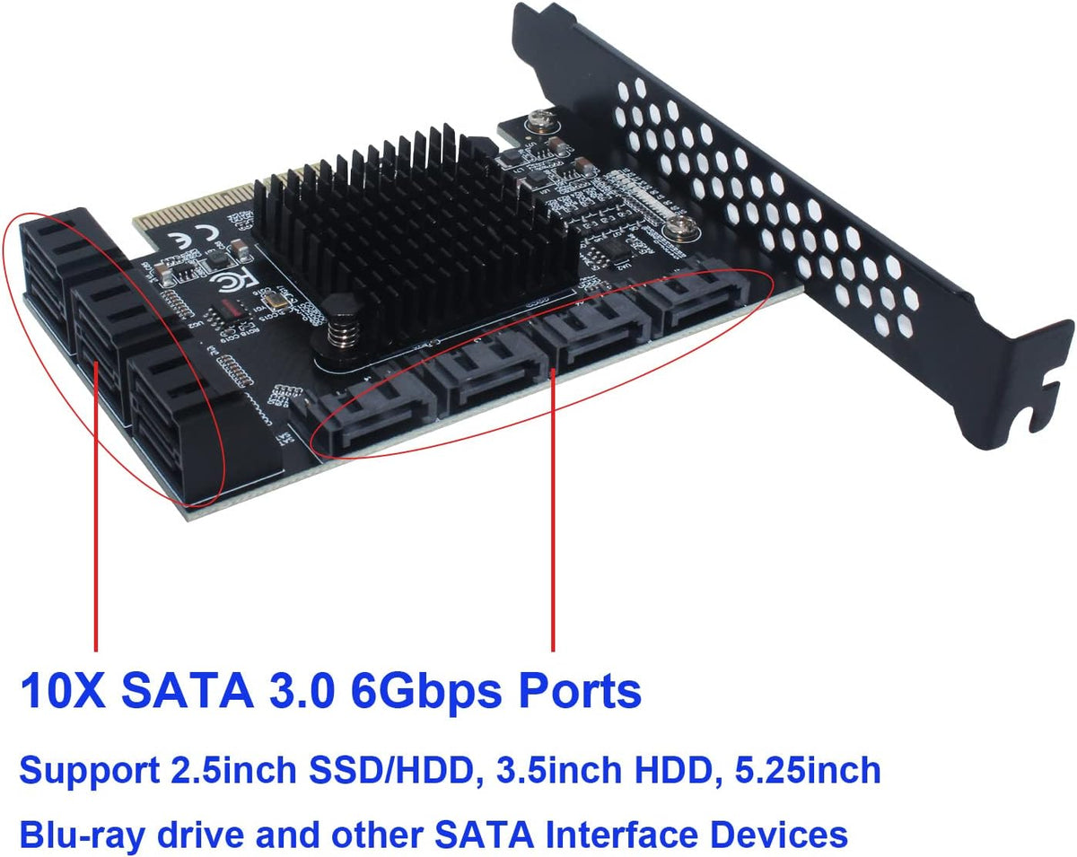PCIe x4 to SATA 3.0 6Gbps Expansion Card with 10 SATA Cables and Low Profile Bracket T274